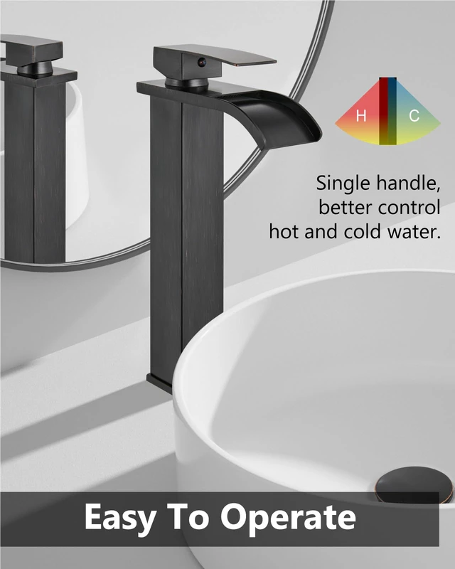 Alt view image 5 of 7 - Bronze Waterfall Vessel Sink Faucet,Tall Bathroom Faucet Single-Handle Single-Hole Lavatory Vanity Sink Faucet Mixer Tap Includes Pop-Up Drain and Supply Lines
