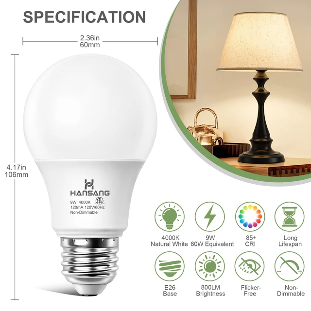 Alt view image 2 of 7 - 24 Pack E26 LED Bulb 60 Watt, 4000K Natural Daylight Light Bulbs 9W 900LM CRI 85+ 120V 800 Lumens,A19 LED Light Bulbs for Bedroom Living Room,No Flicker,Recycled Materials,Non-Dimmable
