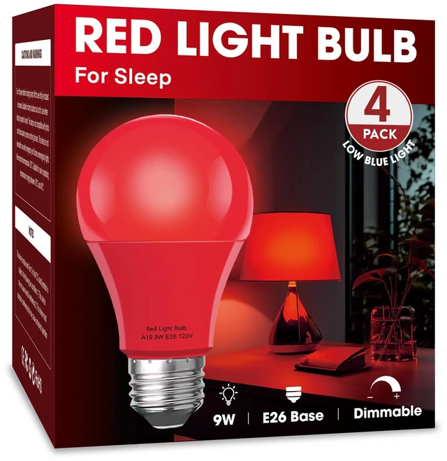Main image of Red Sleep Light Bulb 4 Pack Dimmable A19 9W Red Light Bulbs Red Bulbs Equivalent to 60W,for Healthy Sleep,Blue Light Blocking,E26 Base for Bedroom, Baby Nursery Room,Night light