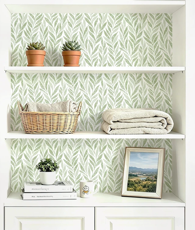 Alt view image 7 of 7 - Green Leaf Peel and Stick Wallpaper 393"x17.3" Boho Modern Farmhouse Wall Paper Sage Contact Paper Waterproof Self Adhesive Removable Wallpaper for Bedroom Bathroom Vinyl Roll