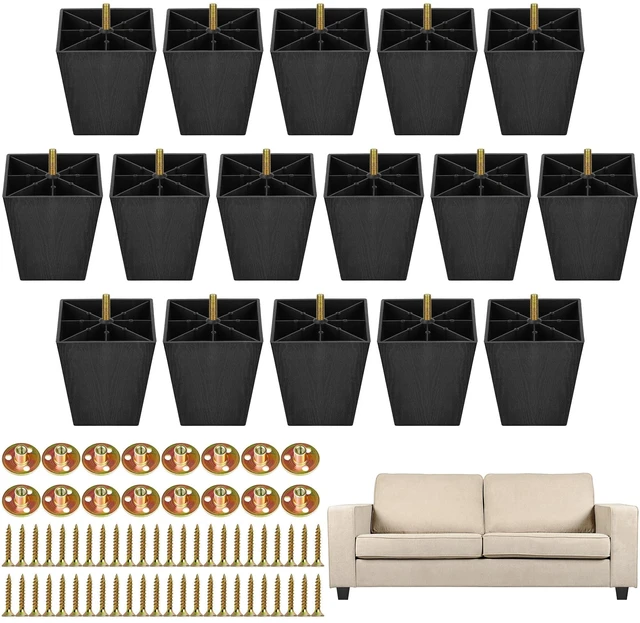 Main image of 16 Pack 4 Inch Furniture Legs Plastic Sofa Couch Legs Square Tapered Feet Sofa Legs with M8 T-Nuts Screws for Legs Sofas Chairs Cabinets Dressers Beds, Black