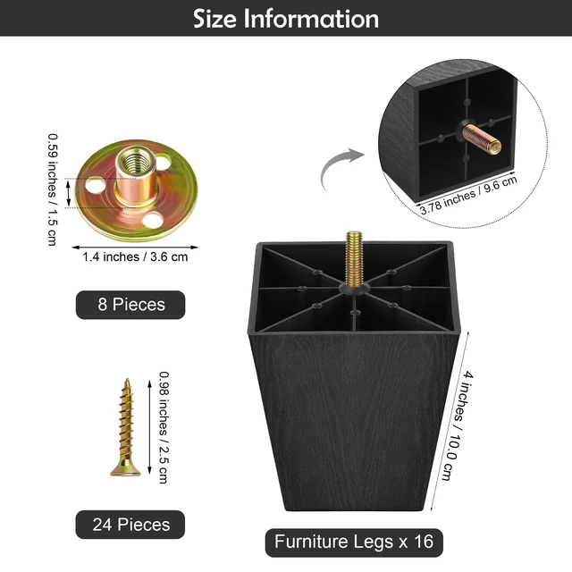 Alt view image 2 of 7 - 16 Pack 4 Inch Furniture Legs Plastic Sofa Couch Legs Square Tapered Feet Sofa Legs with M8 T-Nuts Screws for Legs Sofas Chairs Cabinets Dressers Beds, Black