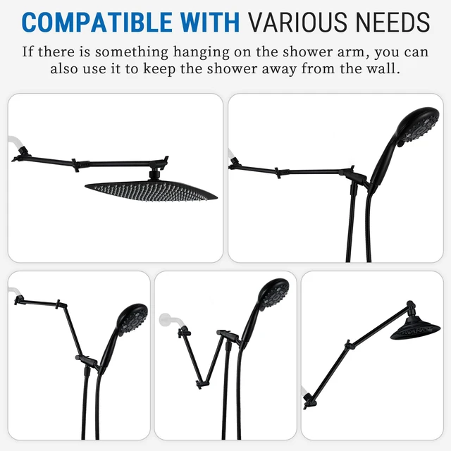 Alt view image 3 of 6 - 20 Inch Solid Brass Shower Head Extension Arm (Matte Black) Rise or Lower Shower Head, All Metal, Height & Angle Adjustable Extender, Firmly Secure Shower Head, Easy to Install