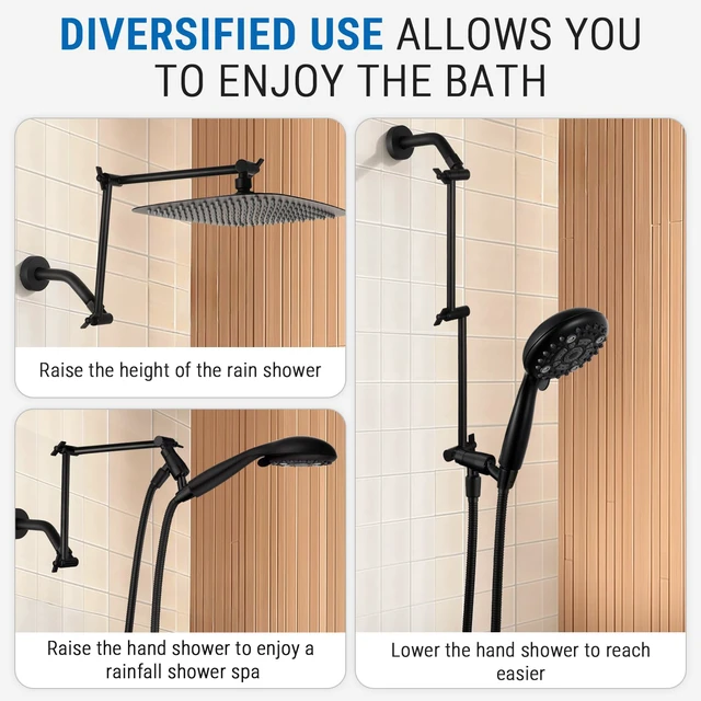 Alt view image 2 of 6 - 20 Inch Solid Brass Shower Head Extension Arm (Matte Black) Rise or Lower Shower Head, All Metal, Height & Angle Adjustable Extender, Firmly Secure Shower Head, Easy to Install