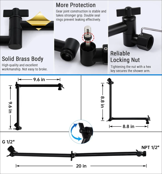 Alt view image 4 of 6 - 20 Inch Solid Brass Shower Head Extension Arm (Matte Black) Rise or Lower Shower Head, All Metal, Height & Angle Adjustable Extender, Firmly Secure Shower Head, Easy to Install
