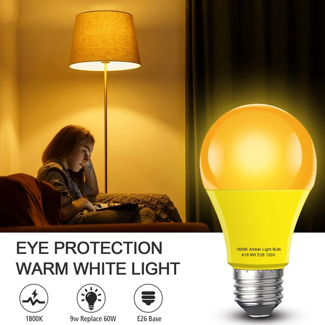 Alt view image 2 of 7 - Sleep Light Bulb 4 Pack Dimmable A19 9W 1800K Warm Light Bulbs Amber Light Bulbs Equivalent to 60W,for Healthy Sleep,Blue Light Blocking,E26 Base for Bedroom, Baby Nursery Room,Night light