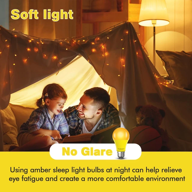 Alt view image 3 of 7 - Sleep Light Bulb 4 Pack Dimmable A19 9W 1800K Warm Light Bulbs Amber Light Bulbs Equivalent to 60W,for Healthy Sleep,Blue Light Blocking,E26 Base for Bedroom, Baby Nursery Room,Night light