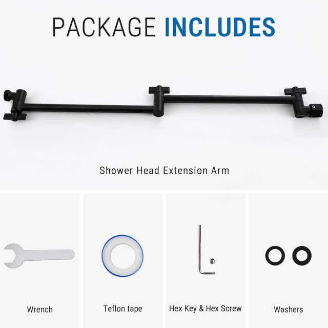 Alt view image 6 of 6 - 20 Inch Solid Brass Shower Head Extension Arm (Matte Black) Rise or Lower Shower Head, All Metal, Height & Angle Adjustable Extender, Firmly Secure Shower Head, Easy to Install