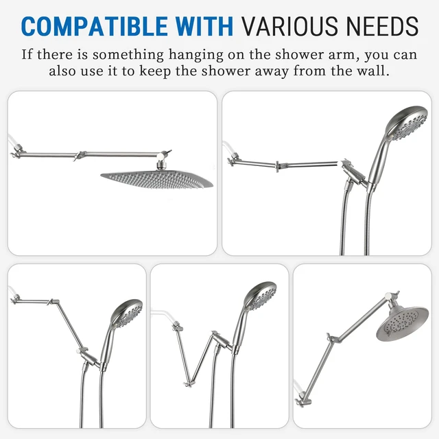 Alt view image 3 of 6 - 20 Inch Solid Brass Shower Head Extension Arm (Brushed Nickel) Rise or Lower Shower Head, All Metal, Height & Angle Adjustable Extender, Firmly Secure Shower Head, Easy to Install