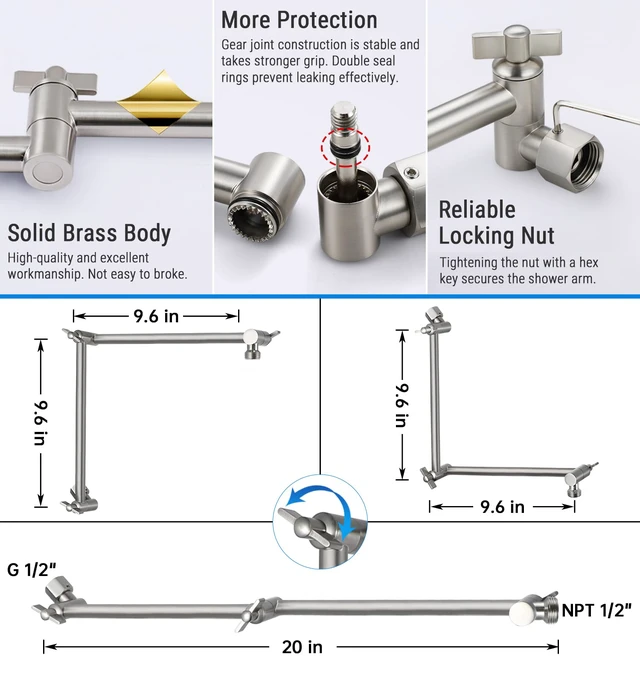 Alt view image 4 of 6 - 20 Inch Solid Brass Shower Head Extension Arm (Brushed Nickel) Rise or Lower Shower Head, All Metal, Height & Angle Adjustable Extender, Firmly Secure Shower Head, Easy to Install