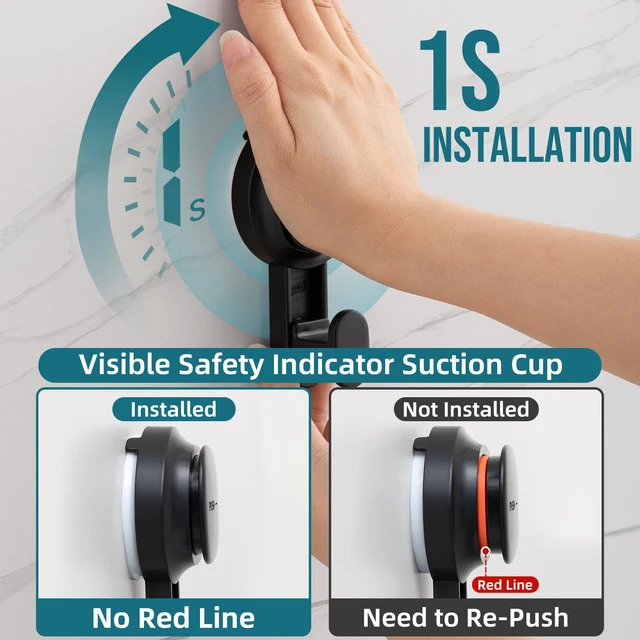 Alt view image 3 of 7 - 4 Pack Upgraded Suction Cup Hook with Visible Safety Indicator, Black Powerful Suction, No-Drill Shower Hooks for Towels, Loofahs, Robes, 1 Sec Installation, Waterproof, Removable Bathroom Hanger