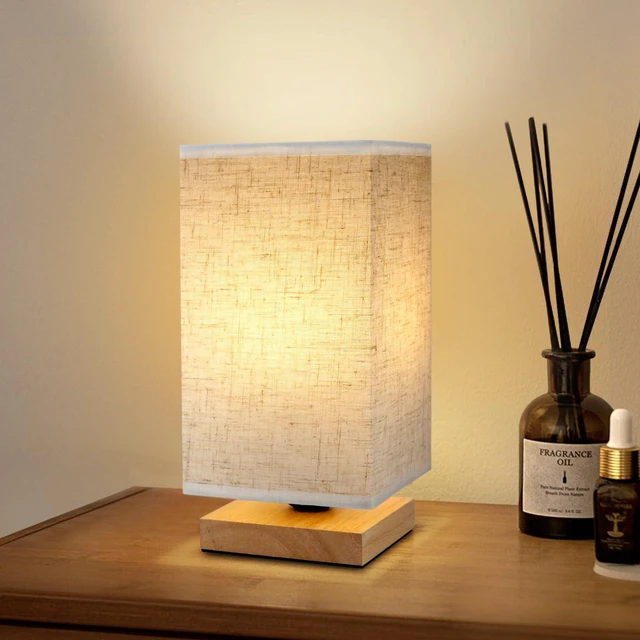 Main image of Small Square Bedside Table Lamp for Bedroom, Minimalist Wood Base & Round Fabric Shade, Mini Cute Cozy Warm Nightstand Boho Lamp, Study Desk Night Stand Light for Room, Dorm, Nursery, Living Room