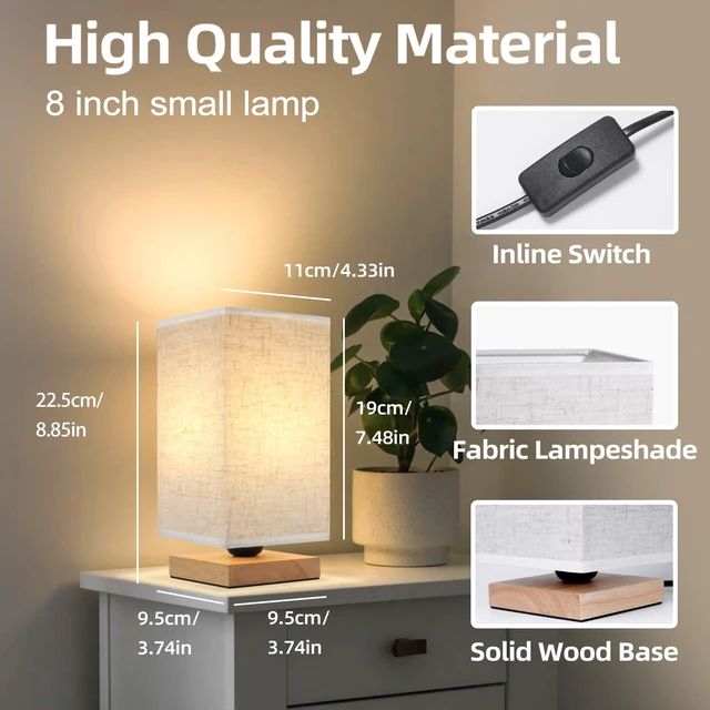 Alt view image 2 of 7 - Small Square Bedside Table Lamp for Bedroom, Minimalist Wood Base & Round Fabric Shade, Mini Cute Cozy Warm Nightstand Boho Lamp, Study Desk Night Stand Light for Room, Dorm, Nursery, Living Room