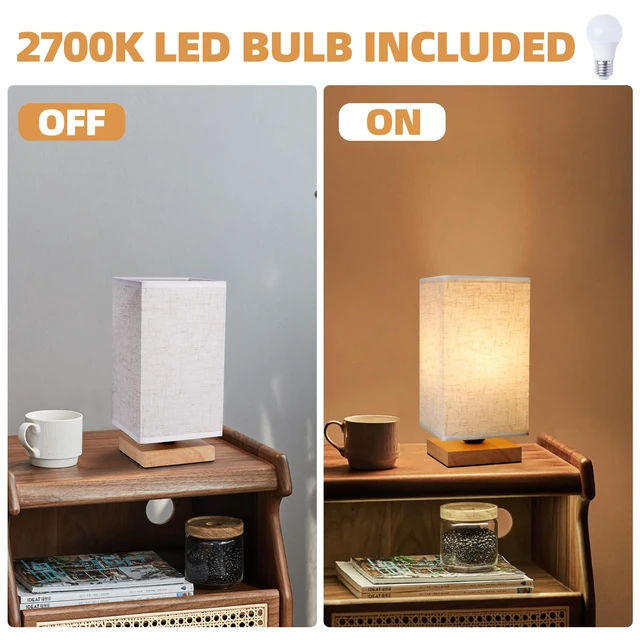 Alt view image 4 of 7 - Small Square Bedside Table Lamp for Bedroom, Minimalist Wood Base & Round Fabric Shade, Mini Cute Cozy Warm Nightstand Boho Lamp, Study Desk Night Stand Light for Room, Dorm, Nursery, Living Room