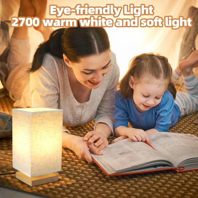 Alt view image 5 of 7 - Small Square Bedside Table Lamp for Bedroom, Minimalist Wood Base & Round Fabric Shade, Mini Cute Cozy Warm Nightstand Boho Lamp, Study Desk Night Stand Light for Room, Dorm, Nursery, Living Room