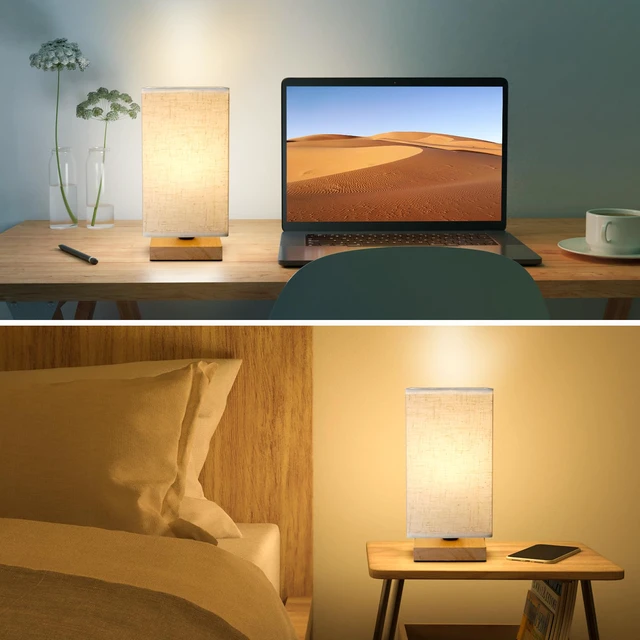 Alt view image 7 of 7 - Small Square Bedside Table Lamp for Bedroom, Minimalist Wood Base & Round Fabric Shade, Mini Cute Cozy Warm Nightstand Boho Lamp, Study Desk Night Stand Light for Room, Dorm, Nursery, Living Room