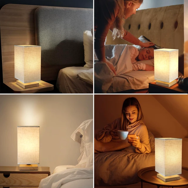 Alt view image 6 of 7 - Small Square Bedside Table Lamp for Bedroom, Minimalist Wood Base & Round Fabric Shade, Mini Cute Cozy Warm Nightstand Boho Lamp, Study Desk Night Stand Light for Room, Dorm, Nursery, Living Room