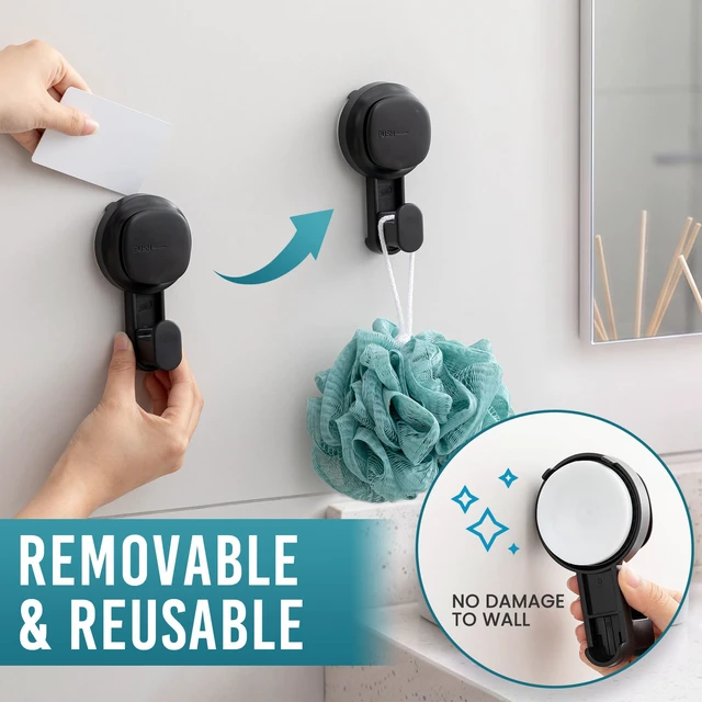 Alt view image 5 of 7 - 4 Pack Upgraded Suction Cup Hook with Visible Safety Indicator, Black Powerful Suction, No-Drill Shower Hooks for Towels, Loofahs, Robes, 1 Sec Installation, Waterproof, Removable Bathroom Hanger