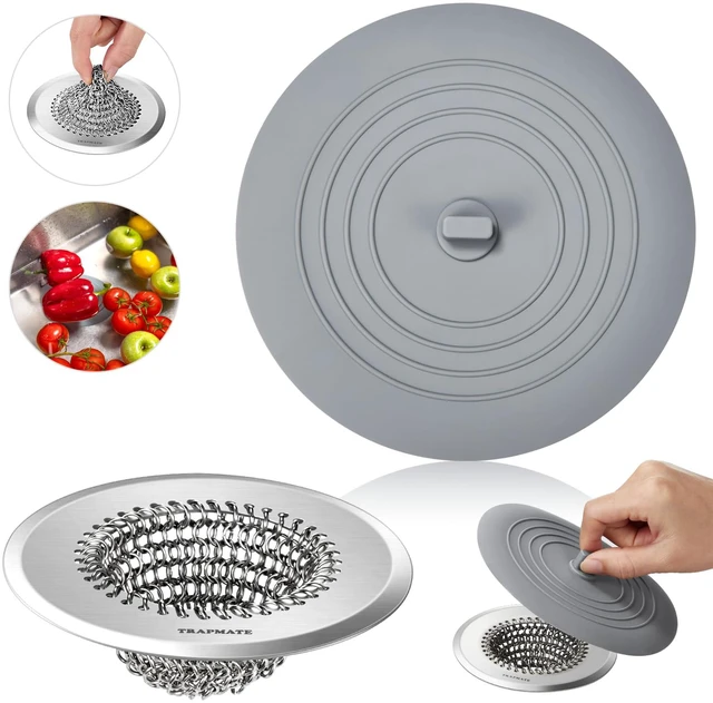 Main image of Kitchen Sink Drain Strainer & Sink Stopper, Revolutionary Stainless Steel Drain Plug Combo, Anti-Clog Garbage Strainer Basket for US Standard Drains, Fits Single & Double Bowl Kitchen Sinks