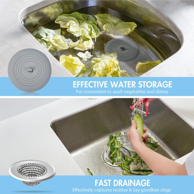 Alt view image 2 of 7 - Kitchen Sink Drain Strainer & Sink Stopper, Revolutionary Stainless Steel Drain Plug Combo, Anti-Clog Garbage Strainer Basket for US Standard Drains, Fits Single & Double Bowl Kitchen Sinks