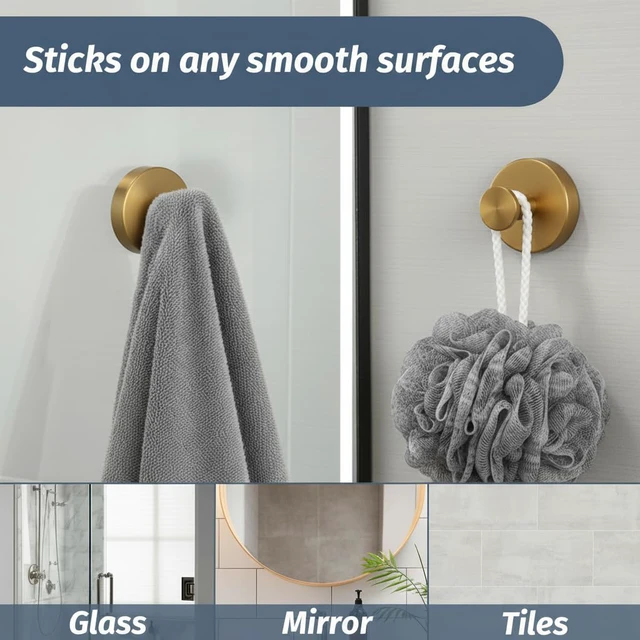 Alt view image 2 of 7 - Suction Cup Gold Shower Hooks, Suction Towel Hooks for Bathrooms Waterproof, No Drill, Heavy Duty, Stainless Steel, Removable, Renter Friendly, Easy to Install, Gold 4 Pcs
