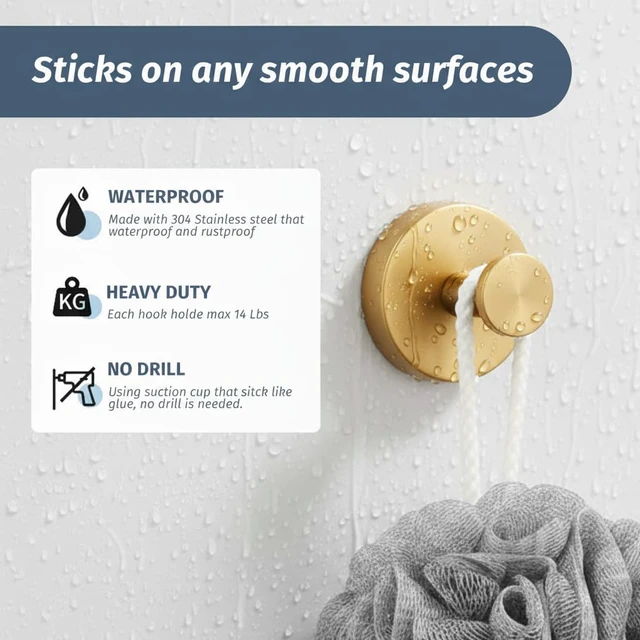 Alt view image 3 of 7 - Suction Cup Gold Shower Hooks, Suction Towel Hooks for Bathrooms Waterproof, No Drill, Heavy Duty, Stainless Steel, Removable, Renter Friendly, Easy to Install, Gold 4 Pcs