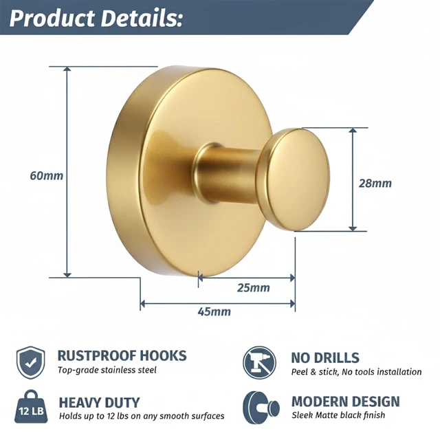 Alt view image 4 of 7 - Suction Cup Gold Shower Hooks, Suction Towel Hooks for Bathrooms Waterproof, No Drill, Heavy Duty, Stainless Steel, Removable, Renter Friendly, Easy to Install, Gold 4 Pcs