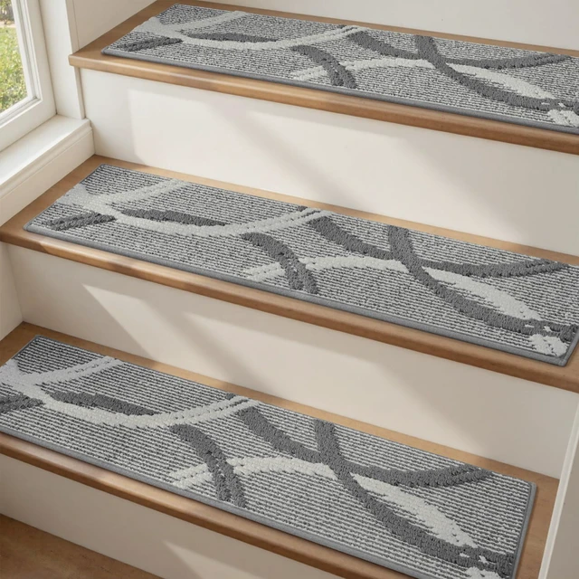 Main image of Peel and Stick Stair Treads Non Slip for Wooden Steps 15 PCS, 8"x30" 3D Textured Carpet Stair Tread Indoor, Adhesive Washable Stair Runner Rug for Kids, Elders & Pets, Grey