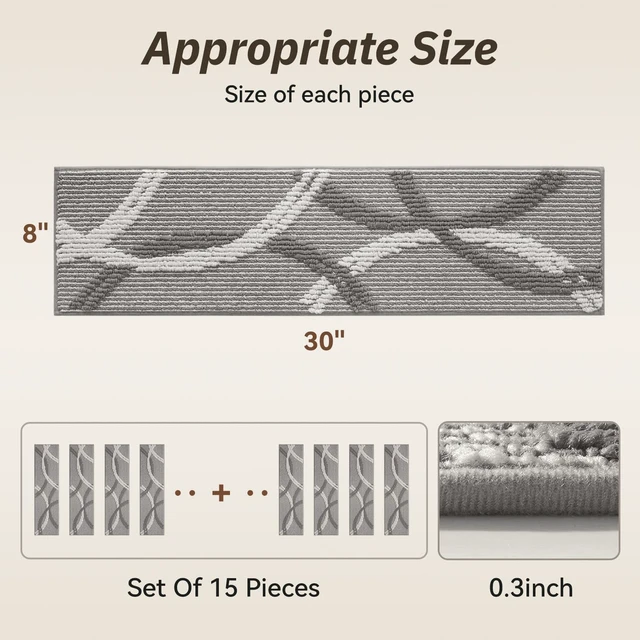 Alt view image 2 of 7 - Peel and Stick Stair Treads Non Slip for Wooden Steps 15 PCS, 8"x30" 3D Textured Carpet Stair Tread Indoor, Adhesive Washable Stair Runner Rug for Kids, Elders & Pets, Grey