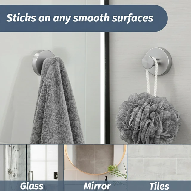 Alt view image 2 of 6 - Suction Cup Shower Hooks, Suction Towel Hooks for Bathrooms Waterproof, No Drill, Heavy Duty, Stainless Steel, Removable, Renter Friendly, Easy to Install, Silver 4 Pcs