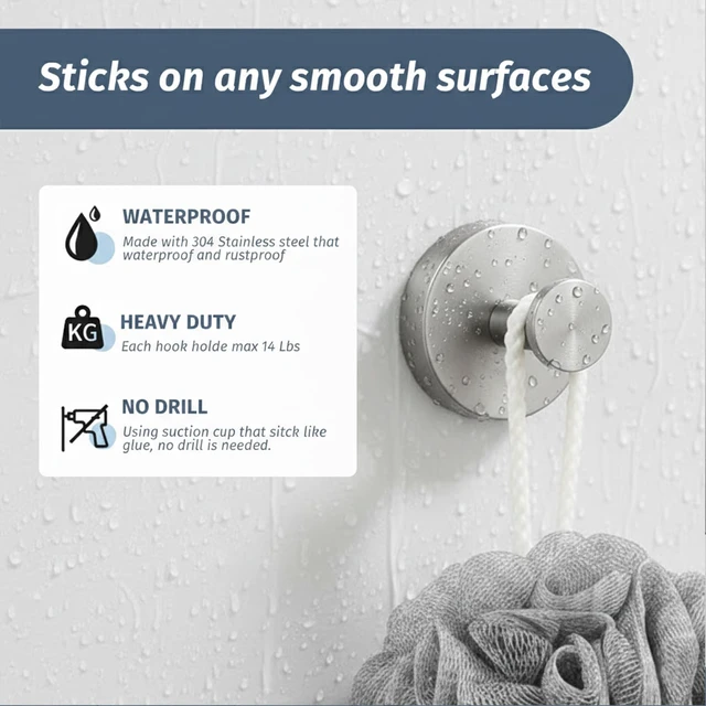 Alt view image 3 of 6 - Suction Cup Shower Hooks, Suction Towel Hooks for Bathrooms Waterproof, No Drill, Heavy Duty, Stainless Steel, Removable, Renter Friendly, Easy to Install, Silver 4 Pcs