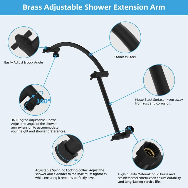 Alt view image 2 of 7 - All Metal 20'' Shower Head Extension Arm, Matte Black Solid Brass Adjustable Shower Arm with Lock Joint, Flexible Height & Angle, Universal Connection Shower Head Extender