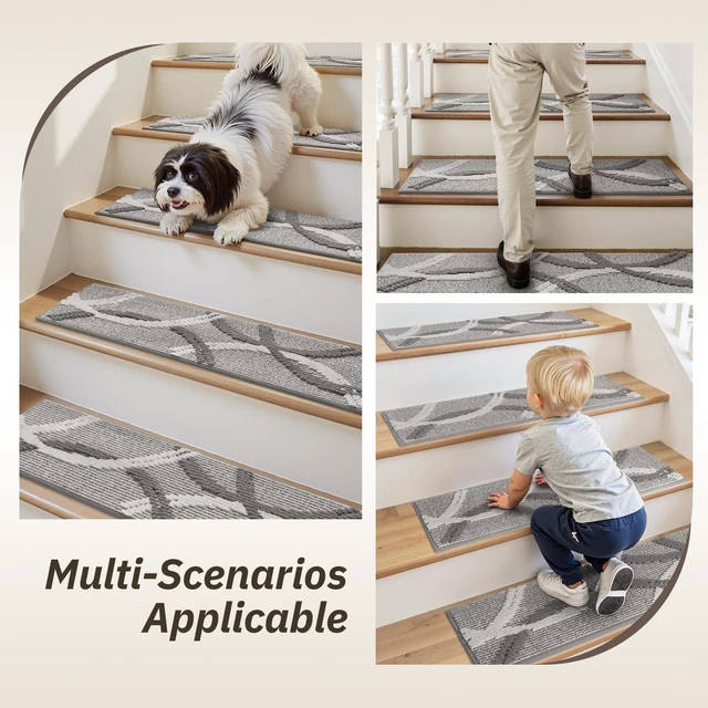 Alt view image 7 of 7 - Peel and Stick Stair Treads Non Slip for Wooden Steps 15 PCS, 8"x30" 3D Textured Carpet Stair Tread Indoor, Adhesive Washable Stair Runner Rug for Kids, Elders & Pets, Grey