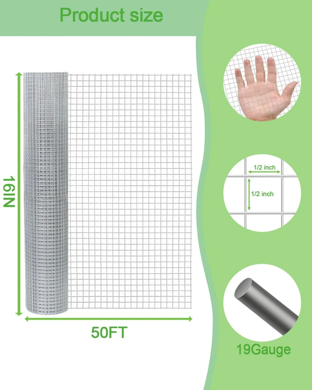 Alt view image 2 of 6 - 16INx50FT Hardware Cloth 1/2 inch Chicken Wire Fencing 20Ga, Hot Dipped Galvaniz Low-carbon steel with hot-dipped galvanized finish for animal cages, poultry runs, garden fencing, and plant protection