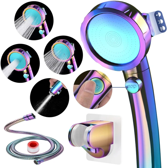 Main image of On/Off High Pressure Handheld Shower Head for RV Camper 3 Spray Modes Shower Head with Pause Button, Water Saving Shower Head with Hose and Self-adhesive Holder(Radiant Rainbow)