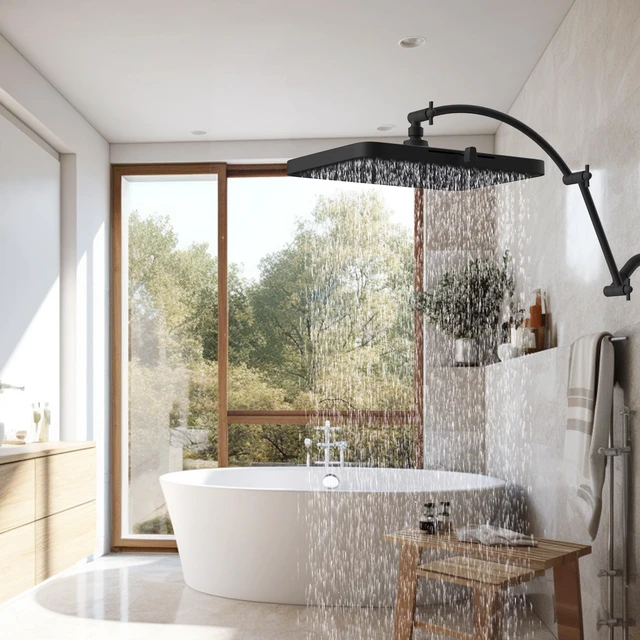 Alt view image 7 of 7 - All Metal 20'' Shower Head Extension Arm, Matte Black Solid Brass Adjustable Shower Arm with Lock Joint, Flexible Height & Angle, Universal Connection Shower Head Extender