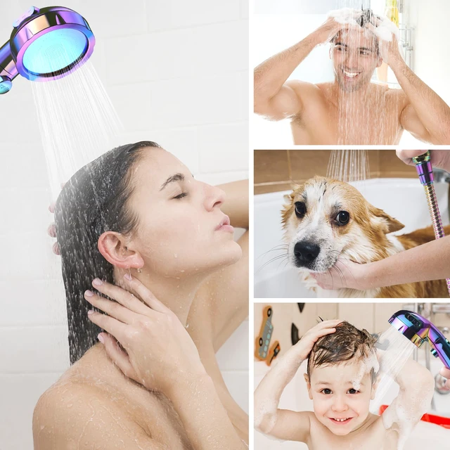 Alt view image 2 of 7 - On/Off High Pressure Handheld Shower Head for RV Camper 3 Spray Modes Shower Head with Pause Button, Water Saving Shower Head with Hose and Self-adhesive Holder(Radiant Rainbow)