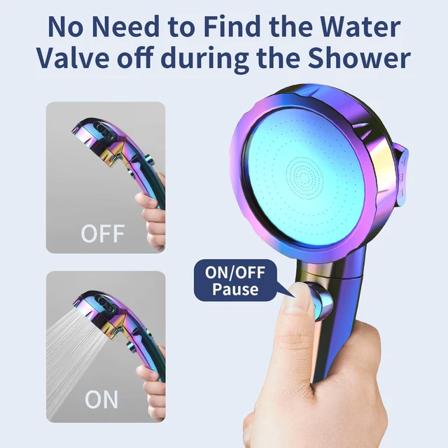 Alt view image 3 of 7 - On/Off High Pressure Handheld Shower Head for RV Camper 3 Spray Modes Shower Head with Pause Button, Water Saving Shower Head with Hose and Self-adhesive Holder(Radiant Rainbow)