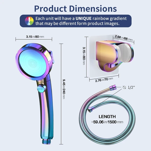 Alt view image 5 of 7 - On/Off High Pressure Handheld Shower Head for RV Camper 3 Spray Modes Shower Head with Pause Button, Water Saving Shower Head with Hose and Self-adhesive Holder(Radiant Rainbow)