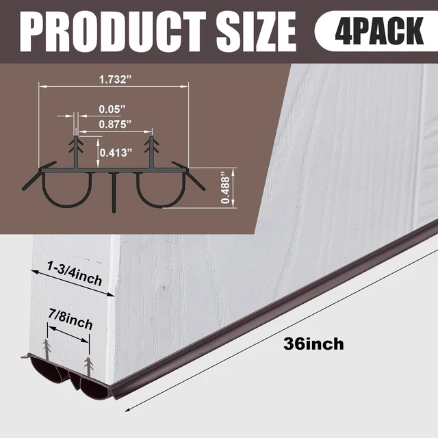 Alt view image 2 of 7 - 4 Pcs 36" Kerf Door Sweep Double Bubble Kerf Brown 1-3/4" Wide Vinyl Seal, Exterior Door Sweeps for Energy Saving, Blocks Dust Insects Noise, Slide-in Install, Draft Stopper