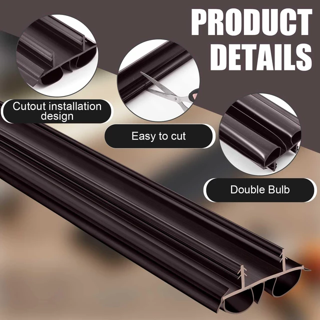 Alt view image 3 of 7 - 4 Pcs 36" Kerf Door Sweep Double Bubble Kerf Brown 1-3/4" Wide Vinyl Seal, Exterior Door Sweeps for Energy Saving, Blocks Dust Insects Noise, Slide-in Install, Draft Stopper
