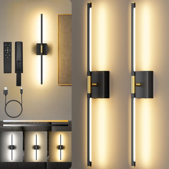 Main image of 10000mAh Battery Operated Wall Sconces Set of 2, Black Gold-29Inch 3CCT, Renter Friendly, Rechargeable, Remote, 360° Rotate, Dimmable, Cordless Wall Lights for Bedroom Living Room Home Decor