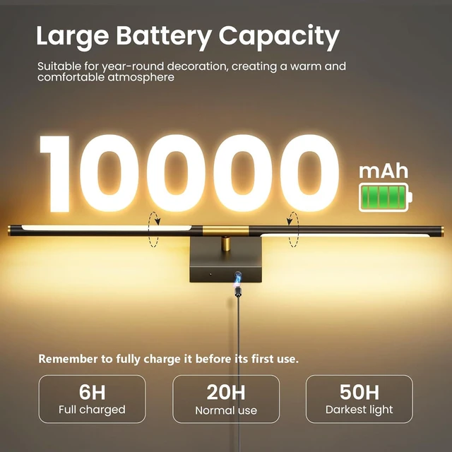 Alt view image 2 of 7 - 10000mAh Battery Operated Wall Sconces Set of 2, Black Gold-29Inch 3CCT, Renter Friendly, Rechargeable, Remote, 360° Rotate, Dimmable, Cordless Wall Lights for Bedroom Living Room Home Decor