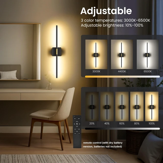 Alt view image 5 of 7 - 10000mAh Battery Operated Wall Sconces Set of 2, Black Gold-29Inch 3CCT, Renter Friendly, Rechargeable, Remote, 360° Rotate, Dimmable, Cordless Wall Lights for Bedroom Living Room Home Decor