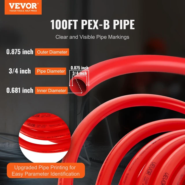 Alt view image 2 of 7 - PEX-B Pipe 3/4 Inch x 100 Feet, Non-Oxygen Barrier Flexible Pipe Tubing, Red for Hydronic Radiant Floor Heating, Water Plumbing Applications with Cutter& Clamps