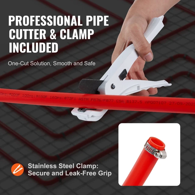 Alt view image 5 of 7 - PEX-B Pipe 3/4 Inch x 100 Feet, Non-Oxygen Barrier Flexible Pipe Tubing, Red for Hydronic Radiant Floor Heating, Water Plumbing Applications with Cutter& Clamps