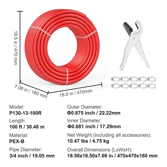 Alt view image 7 of 7 - PEX-B Pipe 3/4 Inch x 100 Feet, Non-Oxygen Barrier Flexible Pipe Tubing, Red for Hydronic Radiant Floor Heating, Water Plumbing Applications with Cutter& Clamps