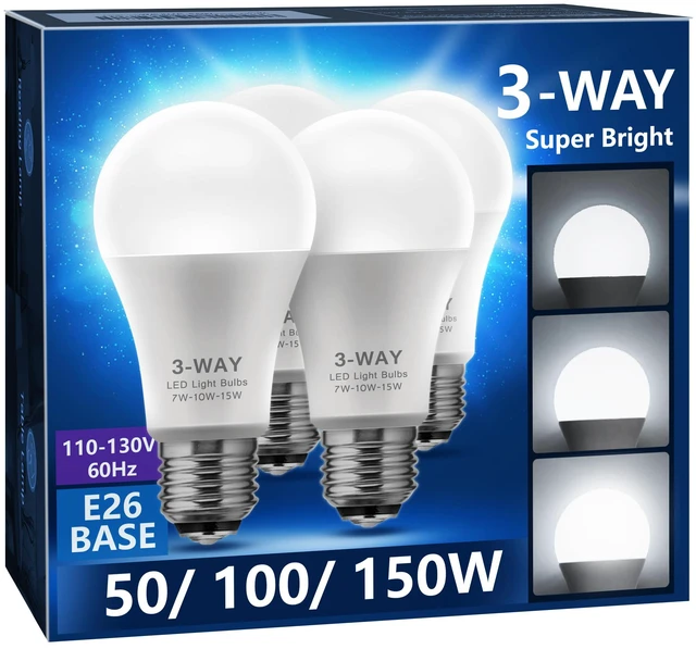 Main image of 3 Way LED Light Bulbs 4 Pack Daylight White 3000K 50/100/150 Watt A19 3 Way Light Bulbs E26 Base, Three Way Light Bulbs Indoor 3-Way Light Bulbs for Reading, 4 Pack