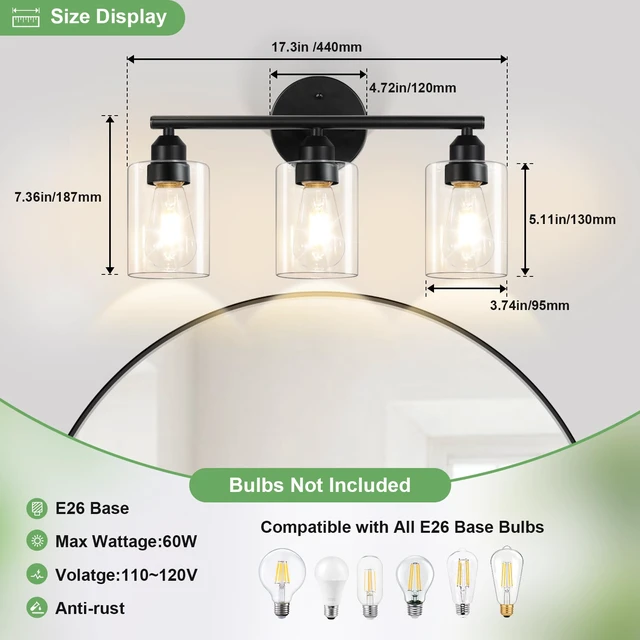 Alt view image 2 of 7 - 3-Light Black Modern Bathroom Vanity Light Fixtures, 17.3" Glass Shade, For Bathroom Mirror, Kitchen, Living Room, Bath, Metal