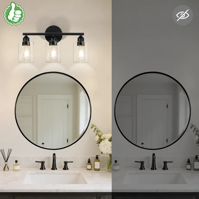 Alt view image 3 of 7 - 3-Light Black Modern Bathroom Vanity Light Fixtures, 17.3" Glass Shade, For Bathroom Mirror, Kitchen, Living Room, Bath, Metal